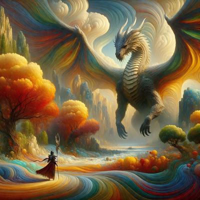 The primary subject of the image is a large, colorful dragon. The dragon is surrounded by a vibrant, rainbow-colored landscape, which includes trees, water, and mountains. The setting appears to be a fantasy world, with the dragon as the main focus. The visual style of the image is digital art, as it is a detailed and intricate illustration. The colors and mood of the scene are lively and energetic, with the dragon and its surroundings creating a sense